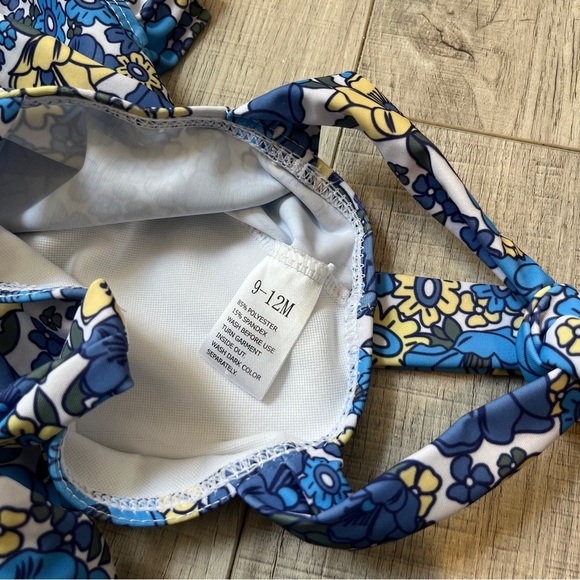Floral Blue and Yellow Kids One-Piece Swimsuit Blue Floral Tie Strap Skirt 9-12M - Picture 8 of 12